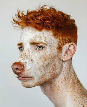 human dog, anthropomorphic hybrid of human and animal, portrait of a young man with the nose and hair of a dog, beautiful model, fantastic character, advertising, imaginary creature