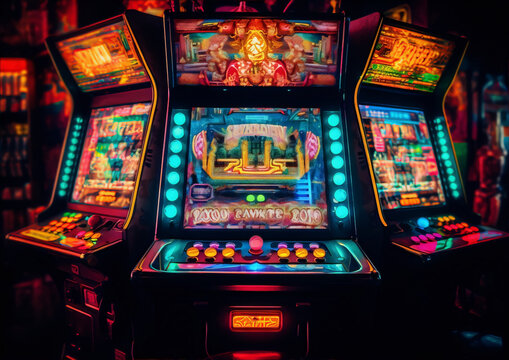 Retrofuturistic arcade game machines with bright neon lights in a dark room, retro, science fiction, interior, 80s