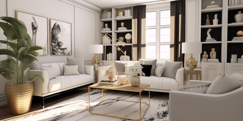 White and gold luxury living room with marble floor, fireplace, large windows and bookshelves