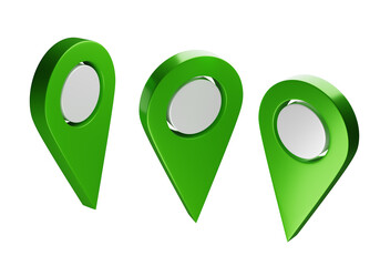 Three Dimensional Green Location Pins with White Centers Isolated on a White Background Indicating Position or Destination 3d image