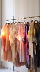 clothes rack with pastel pink , peach and purple clothes on hangers in a minimal fashion boutique