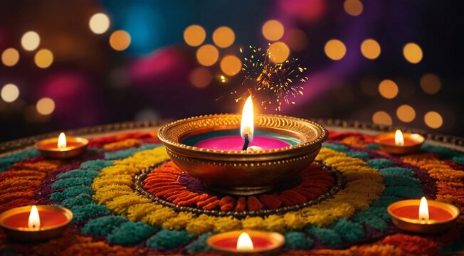 Diwali Festival of Lights - Create an image showcasing the vibrant colors and lights of Diwali, with diyas (oil lamps), rangoli designs, and people celebrating with fireworks and sweets.

