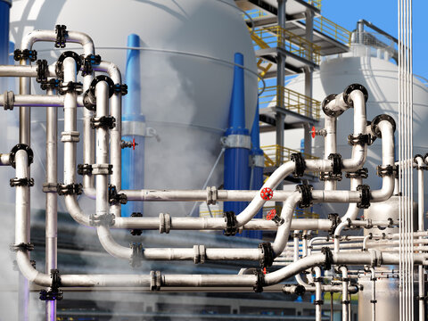Complex Network of Industrial Pipes with Valves in Foreground of Chemical Plant Storage Tanks 3d image