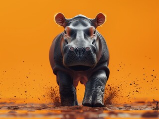 Majestic hippopotamus strut on orange: powerful hippopotamus marches forward against a striking orange background - obrazy, fototapety, plakaty