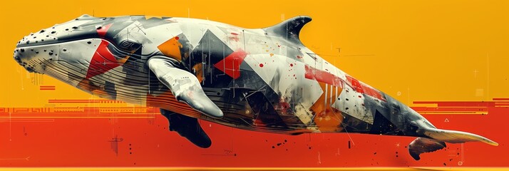 Surreal blue whale art on abstract orange background: 3d illustration of a blue whale with a surreal artistic touch set against a vibrant orange abstract background