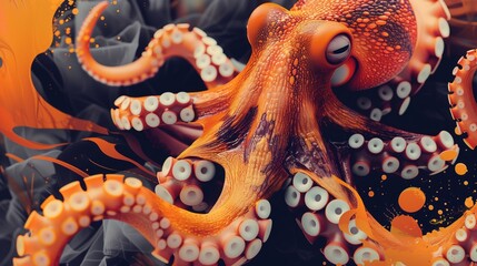 Obraz premium Vivid octopus portrait in artistic setting: Digital art portrait capturing the vibrant and detailed essence of an octopus