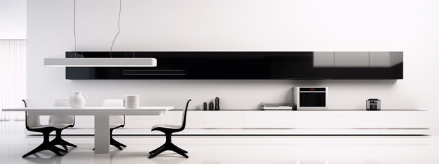 Black and white minimal kitchen and dining room with large windows and designer furniture