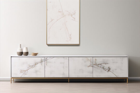 Elegant white and gold marble TV stand with matching artwork in a minimalist living room interior