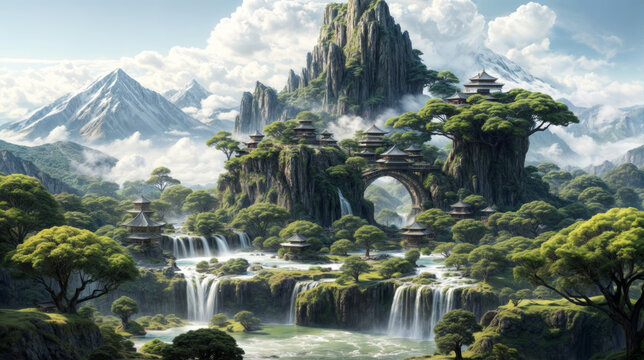 a fantasy landscape with a waterfall and a temple