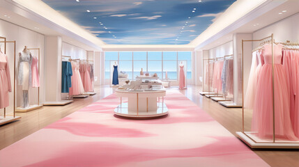 Pink and blue pastel color palette clothing store interior design with large windows and pink floor - obrazy, fototapety, plakaty