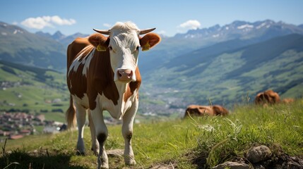 Breathtaking image of a cow peacefully grazing in a meadow with snow-capped mountains in the background. Generative AI