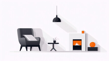 Scandinavian living room interior with a fireplace, armchair and coffee table in flat design style