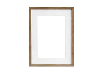 Realistic thin photo frame mockup. Simple, clean portrait large a3, a4 wooden frame mock-up isolated on transparent background. Modern, minimal poster template. Vertical brown picture frame - obrazy, fototapety, plakaty