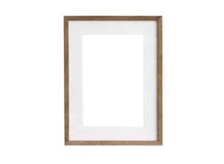 Realistic thin photo frame mockup. Simple, clean portrait large a3, a4 wooden frame mock-up isolated on transparent background. Modern, minimal poster template. Vertical brown picture frame