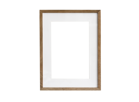 Realistic thin photo frame mockup. Simple, clean portrait large a3, a4 wooden frame mock-up isolated on transparent background. Modern, minimal poster template. Vertical brown picture frame