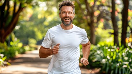 Naklejka na ściany i meble European man experiences happiness and health by actively engaging in running and jogging