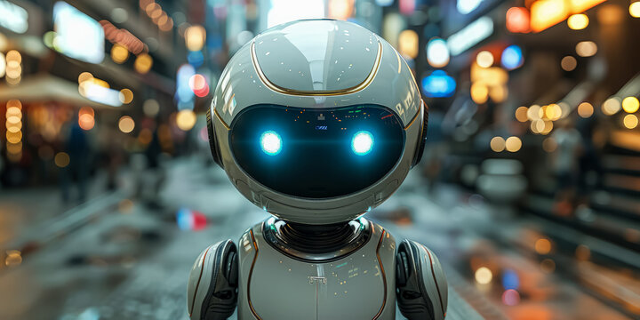 A robot is standing in a store with people around it. The robot has a creepy, metallic appearance and is surrounded by a group of people who seem to be looking at it. Scene is eerie and unsettling