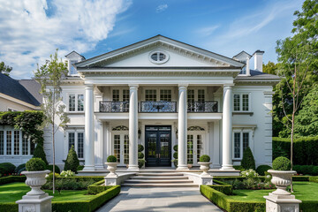 Fototapeta na wymiar An elegant colonial-inspired exterior with white pillars, a symmetrical design, and a grand entrance.