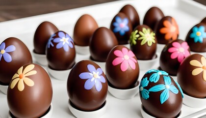 Fototapeta na wymiar Colorful painted multitude of chocolate easter eggs, iced sugar on them