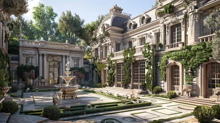  An elegant French chateau with ornate details and a manicured courtyard. © Image Studio