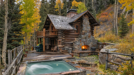 A cozy log cabin nestled in the mountains with a stone fireplace and a hot tub.