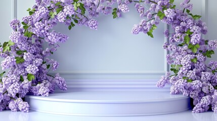 Whimsical twilight ambiance  lavender arch over empty product podium in a captivating setting