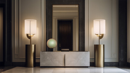 Elegant marble console table with golden sphere and lamps in luxury hotel lobby