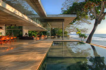 A modernist beachfront villa with a cantilevered design, expansive glass walls, and private access...