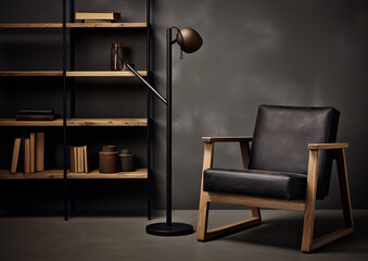 Minimalist retro style dark brown leather armchair and matching floor lamp with dark gray wall and wooden bookshelf in the background