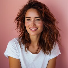 Beautiful woman, wearing white t-shirt, portrait realistic photo