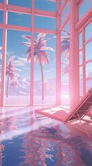Pink surreal landscape with palm trees and a pink lounge chair in the water near a large window