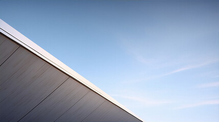 Blue sky and a corner of a modern building with white wooden planks and a silver metal frame in the bottom right corner.