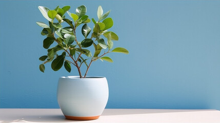 A photo of a small potted plant with green leaves on a solid blue background.