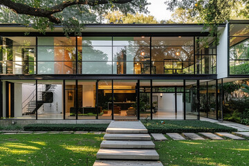 A sleek and modernist facade with floor-to-ceiling windows and a minimalist entryway.