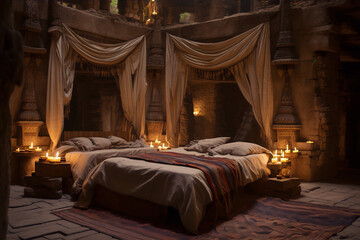 Mystical bedroom interior with two beds and candles in the ancient temple, 3D rendering
