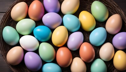 Colorful painted multitude of chocolate easter eggs, iced sugar on them