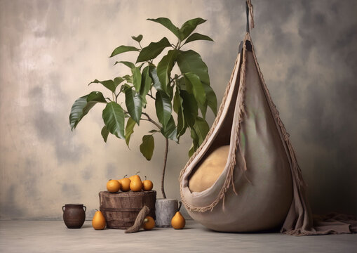 Still life photography of a hanging beige hammock and a small tree with green leaves and yellow fruits in front of a gray background.