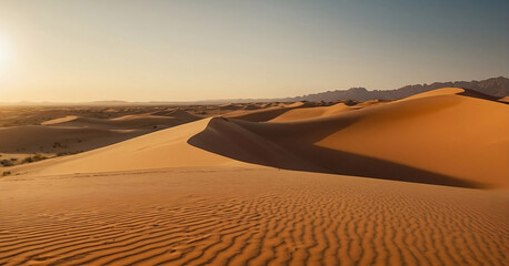 Fototapeta na wymiar Golden Horizon: Sunset's Splendor Over Desert Dunes