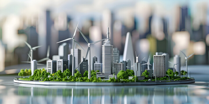 view of a city, Illustration of eco friendly and zero emissions city Sustainability and climate change concept, A wind turbines and buildings on the earth, Future Earth A Glimpse of the Globe from Out