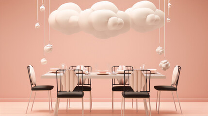 Minimal surreal pastel pink dinning room table with clouds and chairs