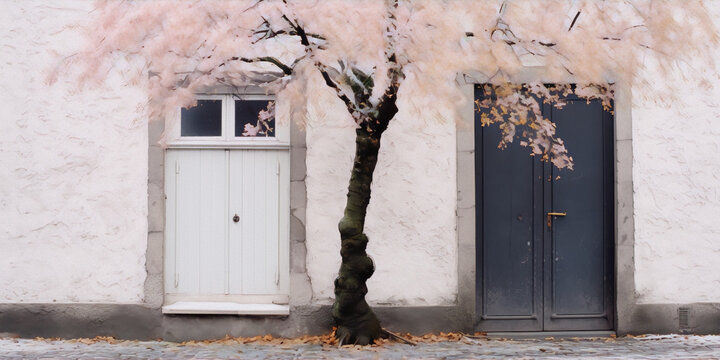 An exterior photo of a pink blossoming tree between a white door and a black door.