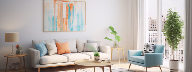 Bright living room interior with a blue armchair, white sofa, coffee table, plants and abstract painting