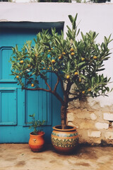 A potted kumquat tree with small yellow fruits in front of a blue wooden door.