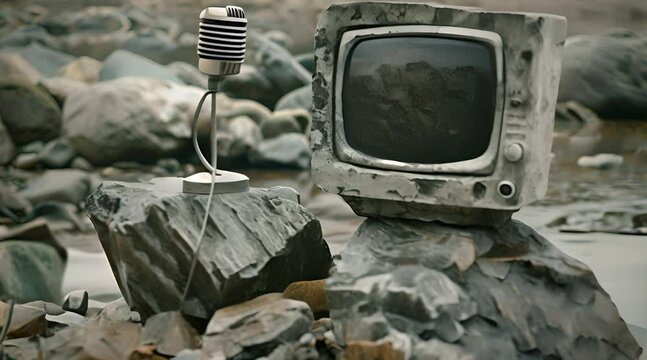 Vintage Microphone and Television on River Rocks with Ai generated.
