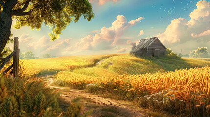 A peaceful countryside scene with rolling fields of wheat and a rustic wooden farmhouse in the distance