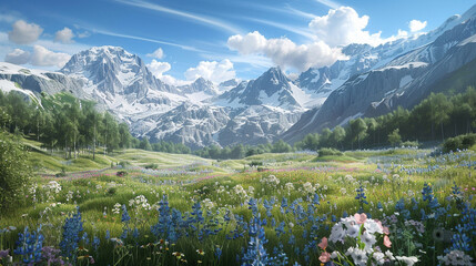 A serene alpine meadow dotted with wildflowers, with snow-capped peaks rising in the distance
