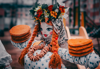 pagan doll with pancakes - obrazy, fototapety, plakaty