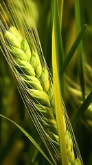 Close up of green growing wheat stalk lighted with sun rays. Vertical picture. Harvest concept, screensaver