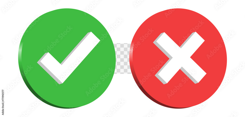 Aufkleber 3d check mark icon button set. check box icon with right and wrong buttons and yes or no checkmark icons in green tick box and red cross. vector illustration