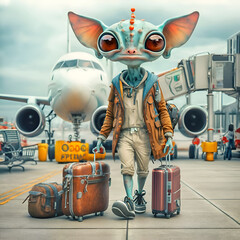 funny male alien going from flight  with his luggage.  Digital artwork.  Ai generated - 770142501